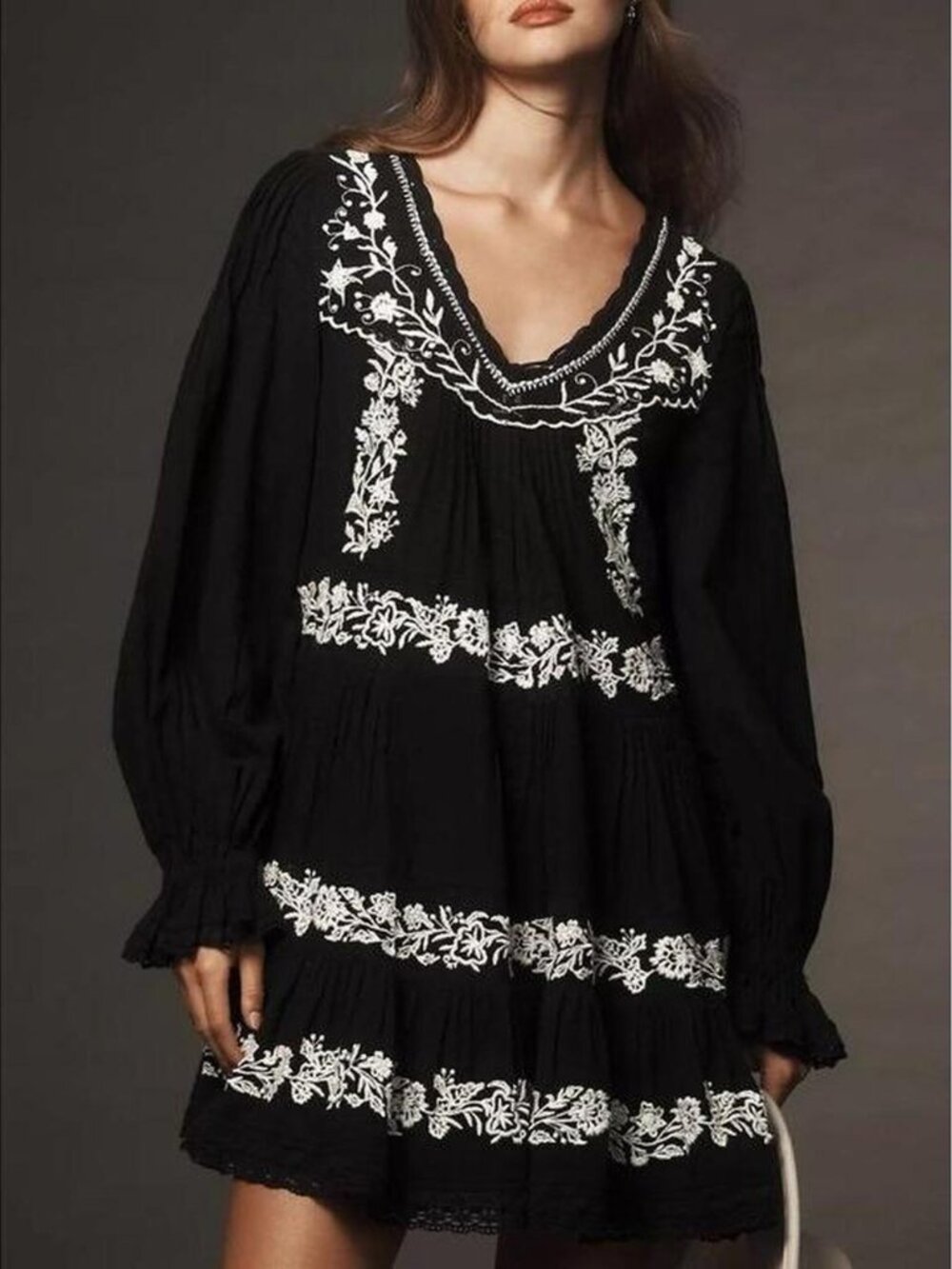 By Anthropologie Long-Sleeve Embroidered Pintuck Swing Mini Dress